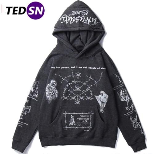 Skull Graffiti Thick Mens Hooded Sweatshirts 2020 Winter Harajuku Casual Cotton Male Pullovers Hip Hop Streetwear Hoodies Black