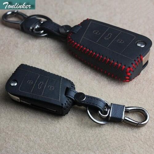 Tonlinker 1 Pcs DIY Car Styling New PU Leather folding Key with Logo and Key Ring Cover Case Sticker For SKODA Superb 2016