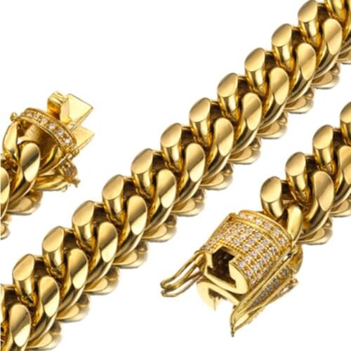 Top Design Fashion Jewelry 14mm Metal Stainless Steel Gold Tone Miami Cuban Curb Chain Mens Womens Necklace Or Bracelet 7-40inch