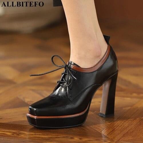 ALLBITEFO Cross Tied Waterproof Comfortable Genuine Leather High Heel Shoes Party Fashion Women Heels Shoes Talons hauts femme