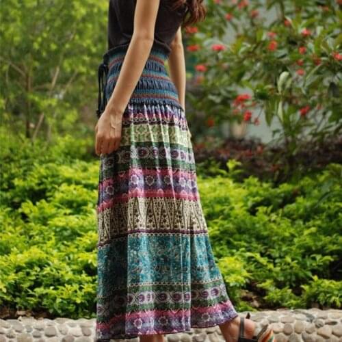 Boho Floral A-line Womens Maxi Skirt Elastic High Waist Sashes Vintage Pleated Womens SkirtsSummer Fashion Clothes Female