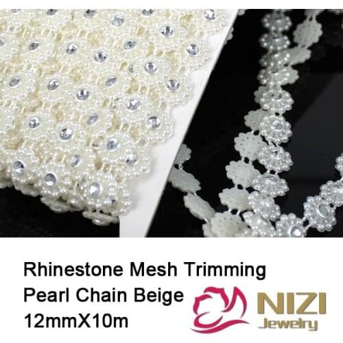 Pearls Chain 12mm Beige Color Length 10m Crystal Rhinestone Mesh Trimming Pearl Chain For Garment Decorative Trim Decoration