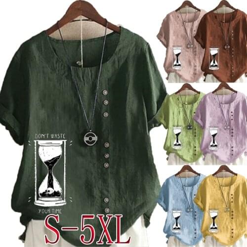 New Women Clothing Summer Shirt Short Sleeve Fashion Printing Graphic Tee Round Neck Pullover Plus Size Loose Casual Tops