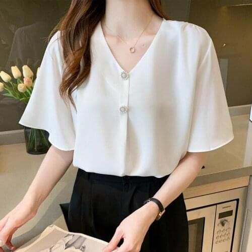 Vetement Femme 2021 Summer V-neck White Short-sleeved Shirt Womens Top and Blouses Simple Blusas Female Top Solid Beading 1054