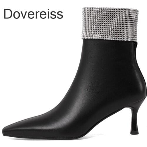 Dovereiss Fashion Clear Heels Winter Pointed toe High Heels 6.5CM Genuine Leather Ladies Boots Short Boots Mature Zipper 33 40