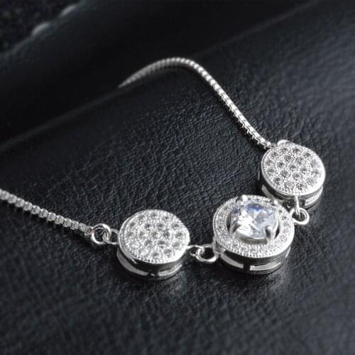 Classic White Crystal 925 Sterling Silver Round Charms Woman Bracelets Top Quality With Adjustable Size