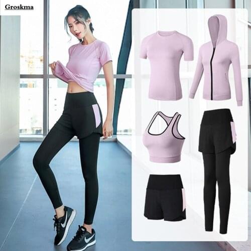 5 Piece Set Women Yoga Fitness Gym Clothing Coats+Bra+T Shirt+Pants+Shorts Outdoor Running Sportswear Suits Training