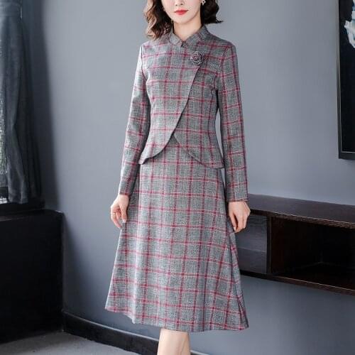 Dress Suits Women Vintage Elegant Plaid Blazer Sleeveless Dress Formal Office Lady 2 Pcs 2020 New Arrival Autumn Winter Clothes