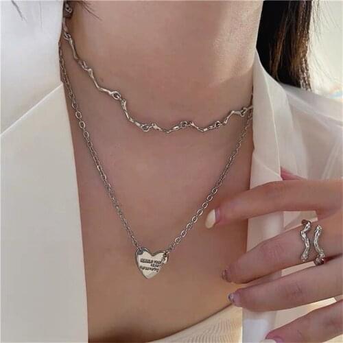 Origin Summer Hiphop Double-Layer Love Heart Pendant Necklace for Women Stainless Steel Letter Bamboo Jointn Necklace Jewelry