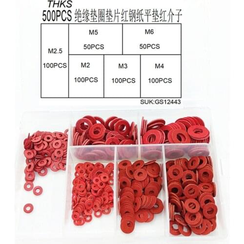 500Pcs/set M2 M2.5 M3 M4 M5 M6 Steel Flat Pad Insulation Washers Red Paper Meson Gasket Spacer Insulating Spacers Kit HW050