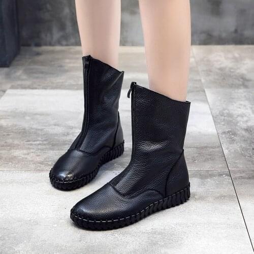 BIMUDUIYU Winter Mid-Culf Warm Boots Genuine Leather zipper Womens Boots Female Motorcycle Flat Snow Boots Handmade Large Size