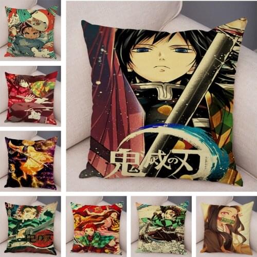 Demon Slayer Cushion Cover for Sofa Home Car Decor Cartoon Classic Anime Print Pillowcase Super Soft Plush Pillow Case 45x45cm