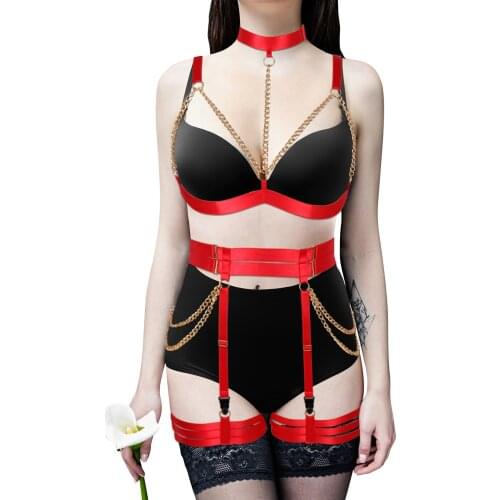 Goth 2 Pcs Body Chain Sets Women Harness Chest Straps Bra Garter Belt Club Rave Bdsm Sexy Lingerie Bondage Suspenders Fetish