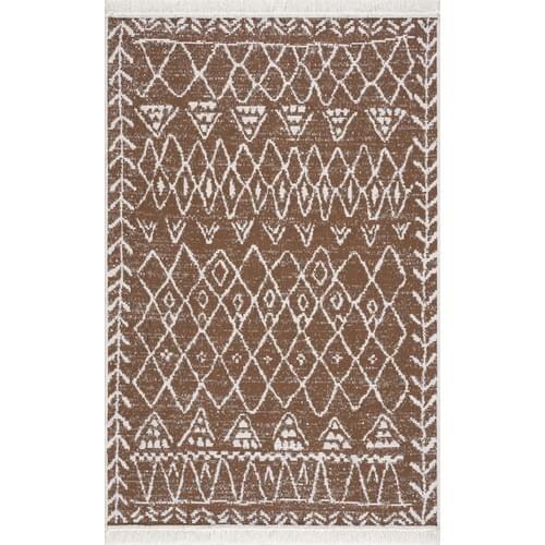 Brown White Fringed Mystic Pattern Woven Rugs, Traditional Items, Household items, Rugs