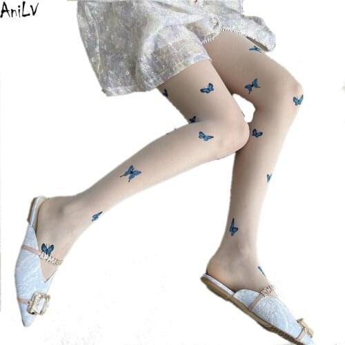 AniLV Beautiful Romantic Blue Butterfly Tights Stockings School Student Lolita Girl Pantyhose Stocking Cosplay Costume