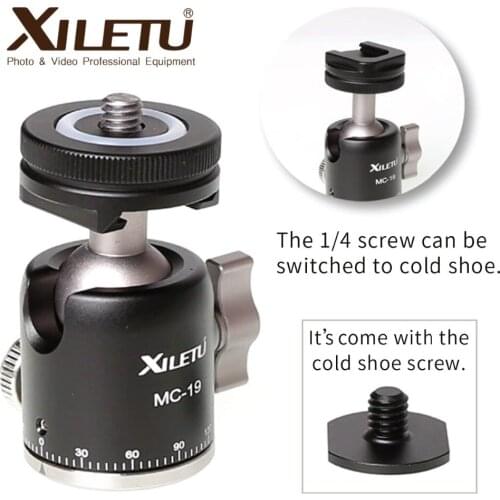 MC-19 Aluminum Mini Ball Head w 1/4'' Screw and Cold Shoe Adapter for Phone Tripod LED Video Light Monitor Swivel on DSLR Camera