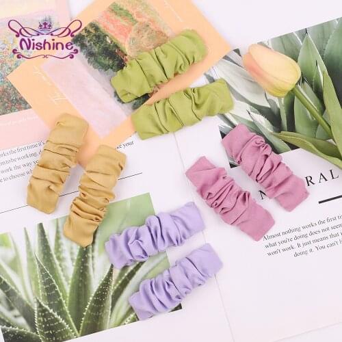 Nishine 6.3*2.6 CM Wrinkles Fabric Covered Metal BB Clips Toddler Solid Color Bangs Hairpin Fashion Girls Headwear Birthday Gift