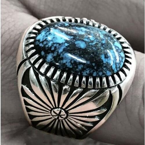 Milangirl Ladies Silver Plated Sunflower Finger Ring Big Oval Blue Stone Elegant Rings for Women Wedding Party Jewelry Gift