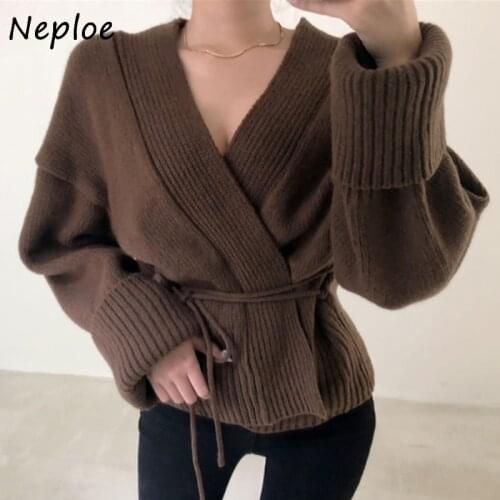 Neploe Fashion Lazy Style V-neck Female Cardigan Lace-up Slim Waist Knitted Cardigans Woman Autumn New 2021 Sweater Jacket Women