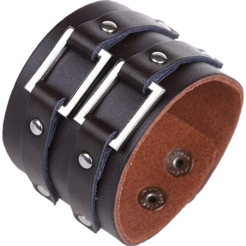 Genuine Leather Punk Black Brown Wrap Bracelets Silver Accessory Connector Men Women Adjustable Charm Bracelets Pulseras Mujer