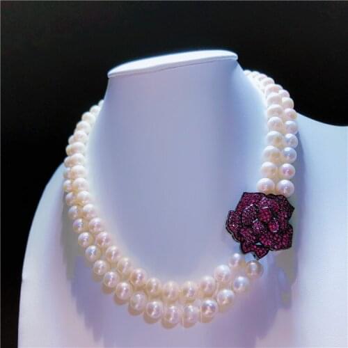Hand knotted natural 2rows 9-10mm white freshwater pearl flowers micro inlay zircon accessories necklace fashion jewelry