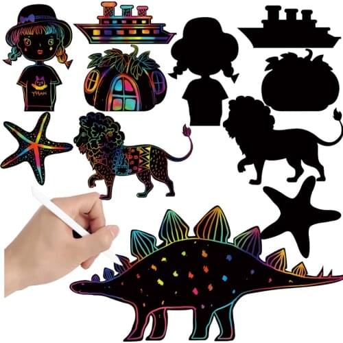New Magic Color Rainbow Scratch Art Paper Card Kids Animal Castle Fruits DIY Art Painting for Children Drawing Cognition Toys