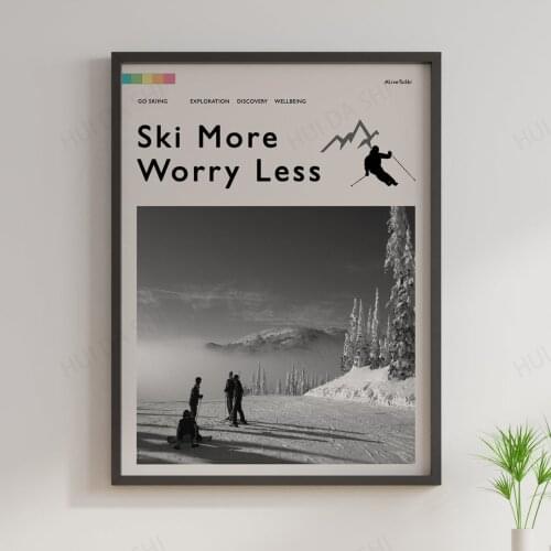 Ski More Worry Less Poster, Skiing Alps Outdoor Adventure Art Print, Winter Sport Black And White Vintage Skiing Scenery Nature