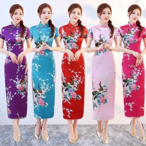 Cheongsam women XL girl stage show cheongsam skirt long peacock & flower fashion elegant cheongsam chinese style qipao dress