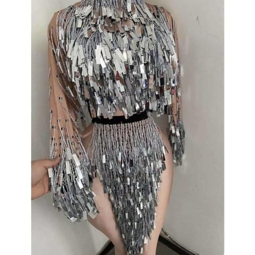 Sexy Sequins Rhinestones Tassels Bodysuit Women Stage Dance Costume DJ DS Nightclub Feather Dance Wear Female Singer Show Outfit