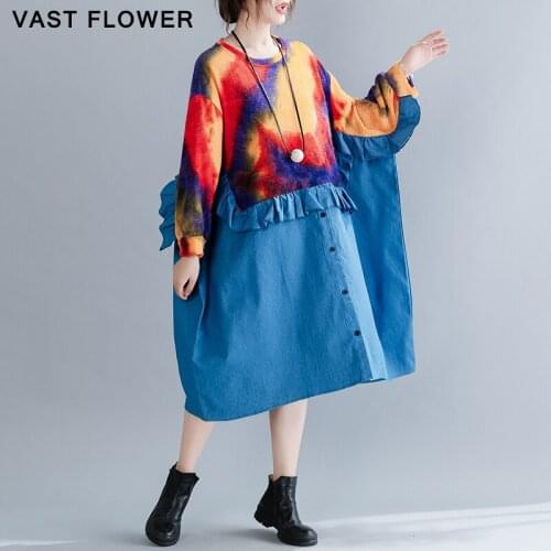Oversize Knitted Vintage Print Dress Women Clothes Ruffles Spliced Long Sleeve Casual Loose Plus Size Dresses Spring 2021