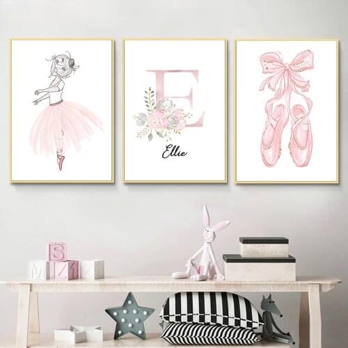 Pink Shoes Ballet Girl Canvas Print Flower Custom Name Poster Painting Nursery Wall Art Pictures Nordic Baby Girls Room Decor