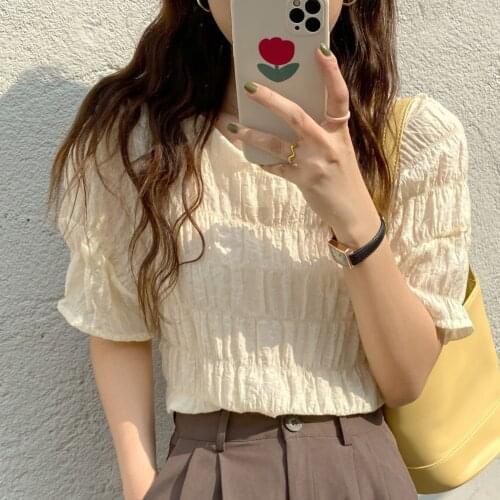 Alien Kitty Minimalist Solid Pleated Office Lady O-Neck 2021 Femme Chic OL Loose Streetwear Shorts Sleeves Shirts Casual Tops