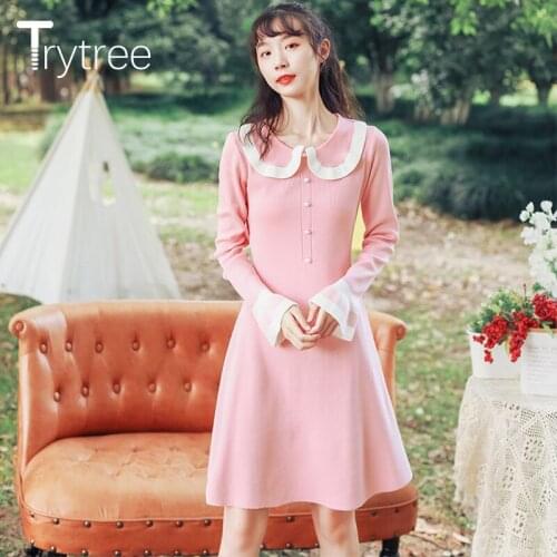 Trytree 2020 Autumn Winter Casual Womens Dress Peter Pan Collar Knitting A-line Flare Sleeve Knee-Length Solid Sweet Dress