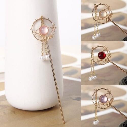 Vintage Pearl Tassel Hairpin Hanfu Chinese Drama Hair Stick Flowers Headwear Traditional Female Crystal Inlaid Headdress