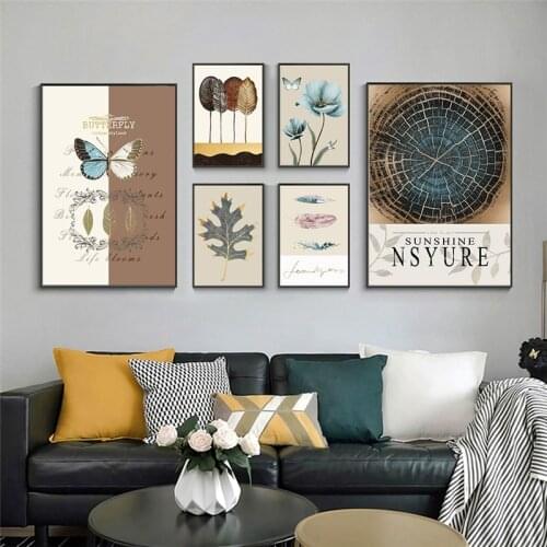 Vintage Plant Leaf Flower Canvas Painting Abstract Blue Butterfly Wall Art Poster Print Nordic Living Room Decoration Pictures