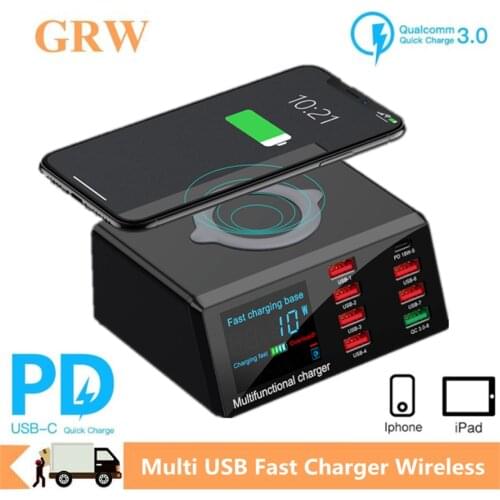 Grwibeou 100W Multi USB Fast Charger Wireless For IPhone 12 11 Pro XR 8 Port Usb LCD Quick Charge Station 3.0 PD Charger