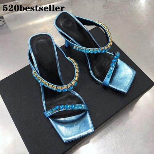 Women Lady High heels sandals blue Crystal Rhinestone SQUARE Toe Leather Mules summer Slide loafer flip flop 2021 fashion sexy