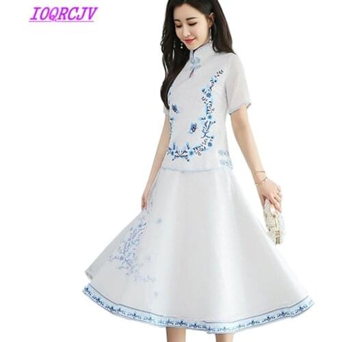 Spring Summer Women Two pieces Set Skirt Sets Printed Embroidery Skirt Set Fashion Slim Organza Vintage Skirt Set IOQRCJV Q139