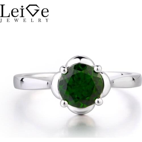 Leige Jewelry Green Color Natural Diopside Ring Round Shape Vintage Style Ring Wedding Bands Genuine Fine Jewelry 925 Silver