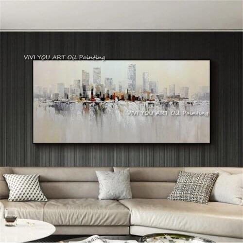 100% Hand Painted City Architecture Abstract City Building Oil Paintings Canvas Handmade Wall Art Pictures For Living Room Decor