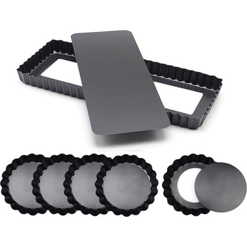 14 Inch Rectangle Tart-Pan & 5 Inch Round Mini Tart Pan Set, 6 Pieces Quiche-Pan Removable Bottom, Non-Stick Coating