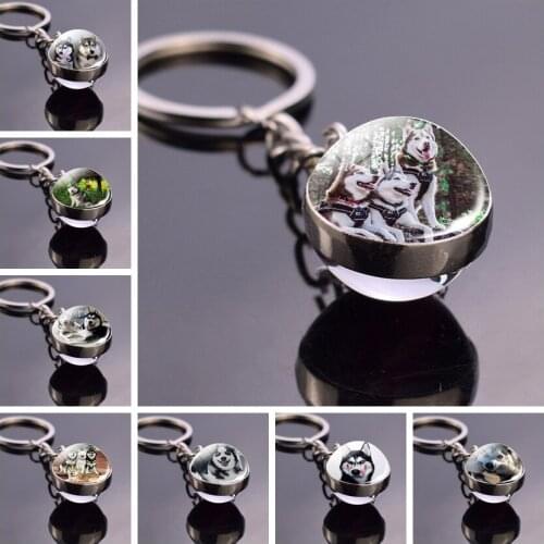Pet Dog Husky Keychain Glass Ball Pendant Key Chains Fashion Puppy Dog Cabochon Jewelry Double Side Keychains Women Gifts