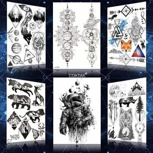 COKTAK Large Braceket Planets Temporary Tattoos For Men Women Girl Boys Geometry Moon Space Man Black Custom Tattoo Stickers Kid