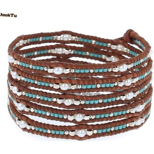 Green seed beads mix fresh water pearl wrap bracelet classic