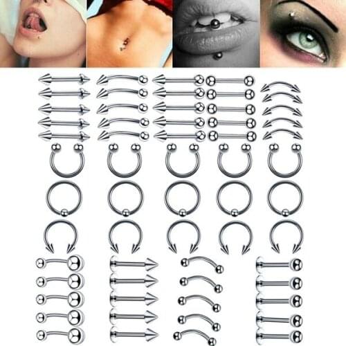 60Pcs Steel Mixed Nose Lip Eyebrow Tongue Belly Bar Ring Body Piercing Jewelry