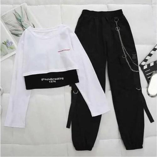 Casual Pants Suit Womens Loose Harem Pants Long Sleeve T-shirt Suit Vintage Punk Jersey Streetwear Hip Hop High Waist Grunge