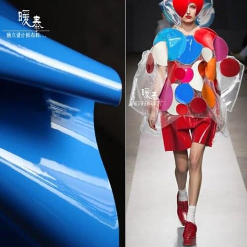 Patent Leather Fabric Mirror PU Blue Waterproof DIY Patchwork Bags Bows Coat Clothes Stage Decor COSplay Designer Fabric