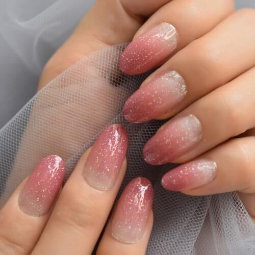 Shimmer Oval Fake Nails Press On Plum Rosy Jelly Gel Nails Short Medium Length Ombre Artificial False Nail Art Tips