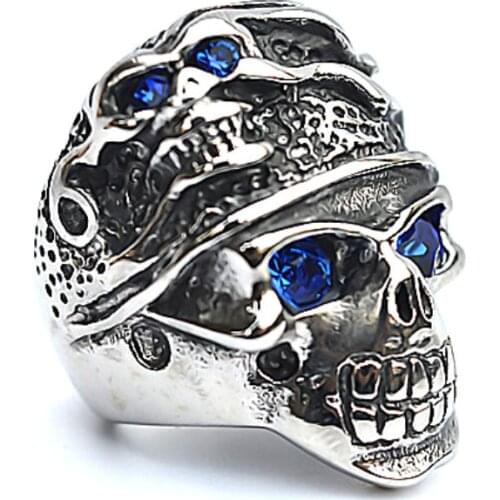 Blue eyes double ghost head ring mens domineering ring European and American punk jewelry free shipping
