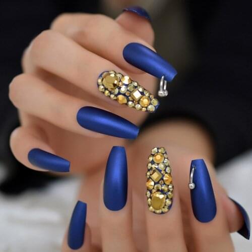 Punk Gold Diamond Blue Press on False Nails Extra Long Frosted Coffin Ballerina Glue On Fingersnails Free Adhesive Tapes